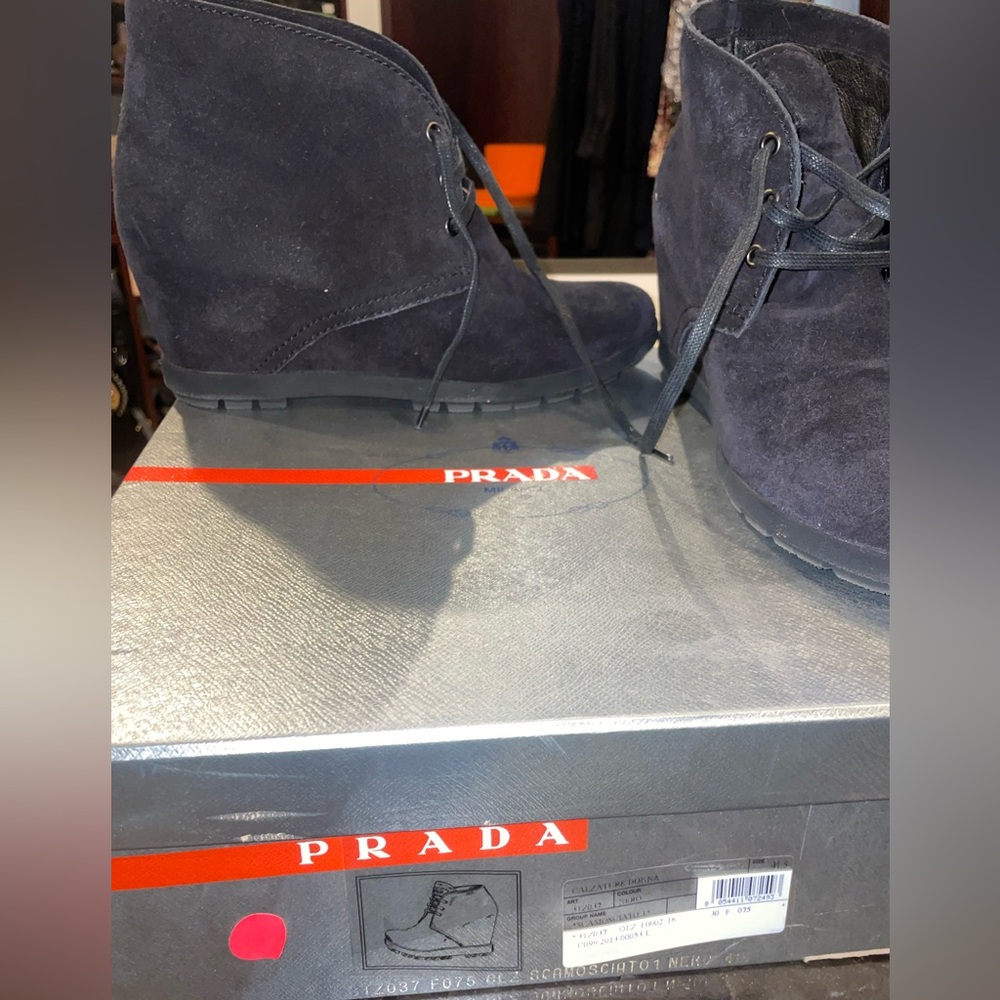 Prada black suede heeled booties